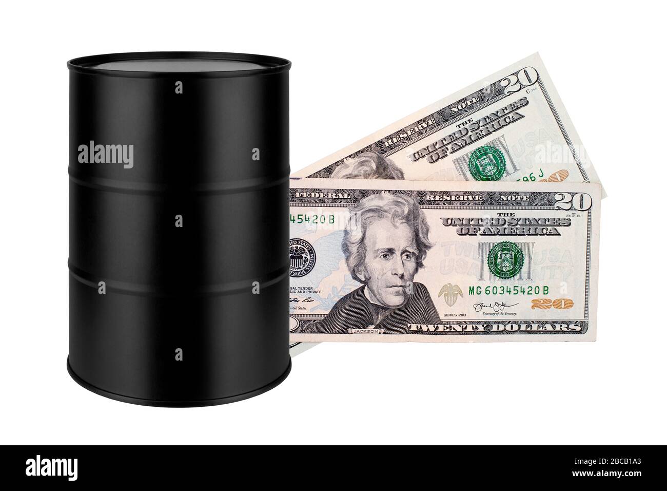 Oil drum and twenty dollar banknotes isolated on white, black oil cask