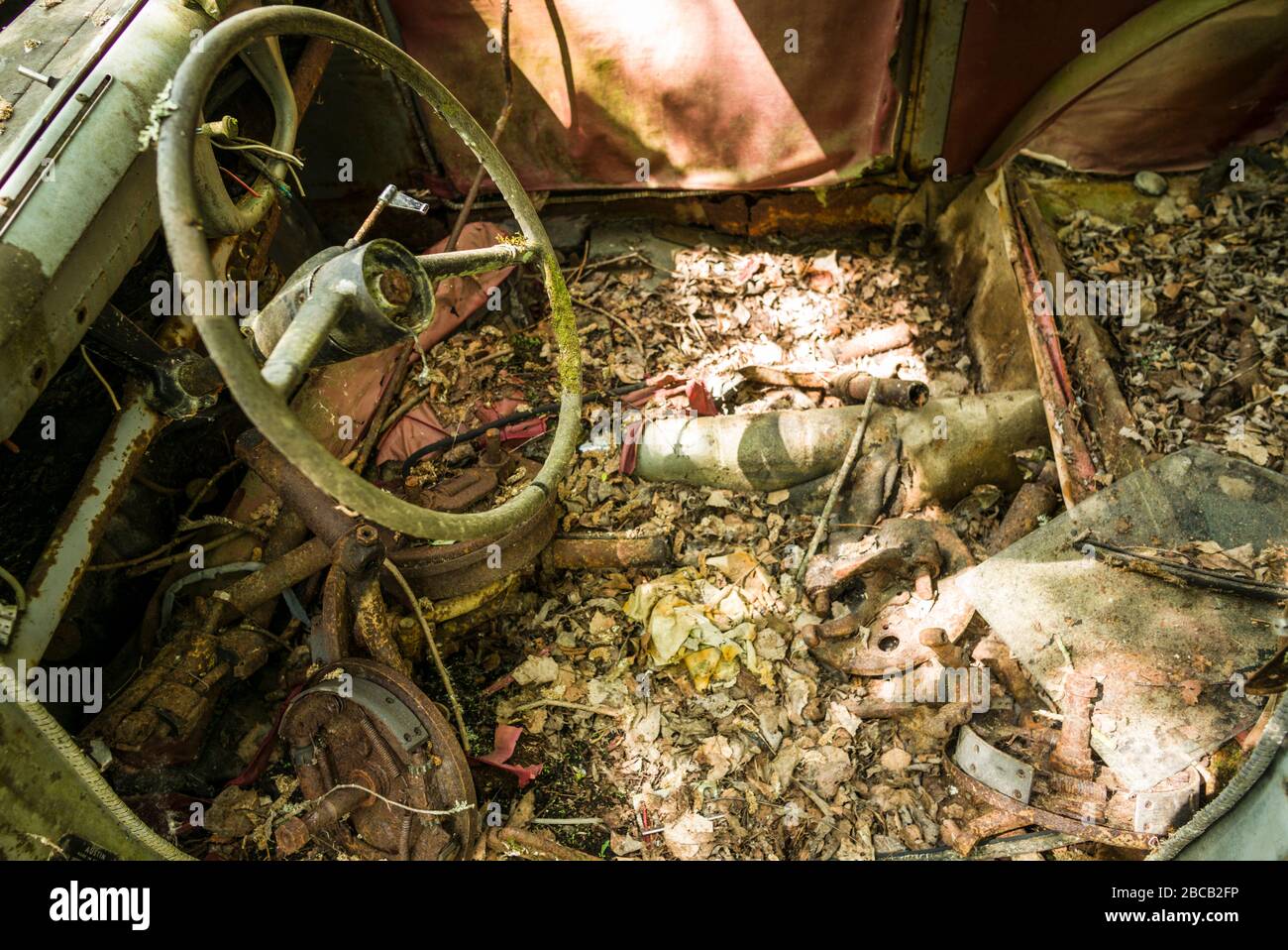 Sweden, Varmland, Bastnas, Bastnas Car Cemetery public park, antique car junkyard, steering wheel Stock Photo