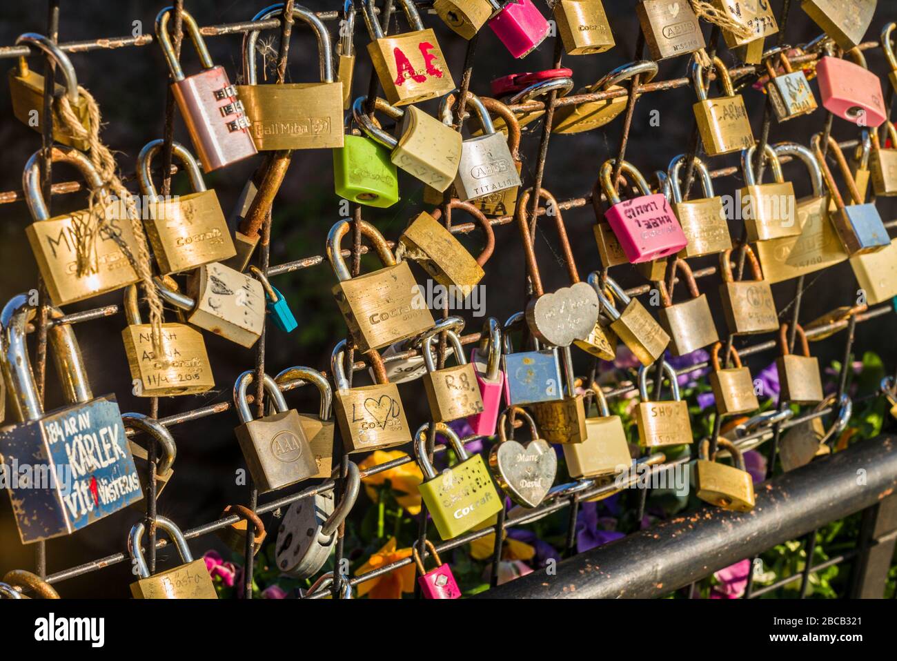 Sweden, Vastmanland, Vasteras, love locks on the Apotekarbron bridge, Old Town Stock Photo