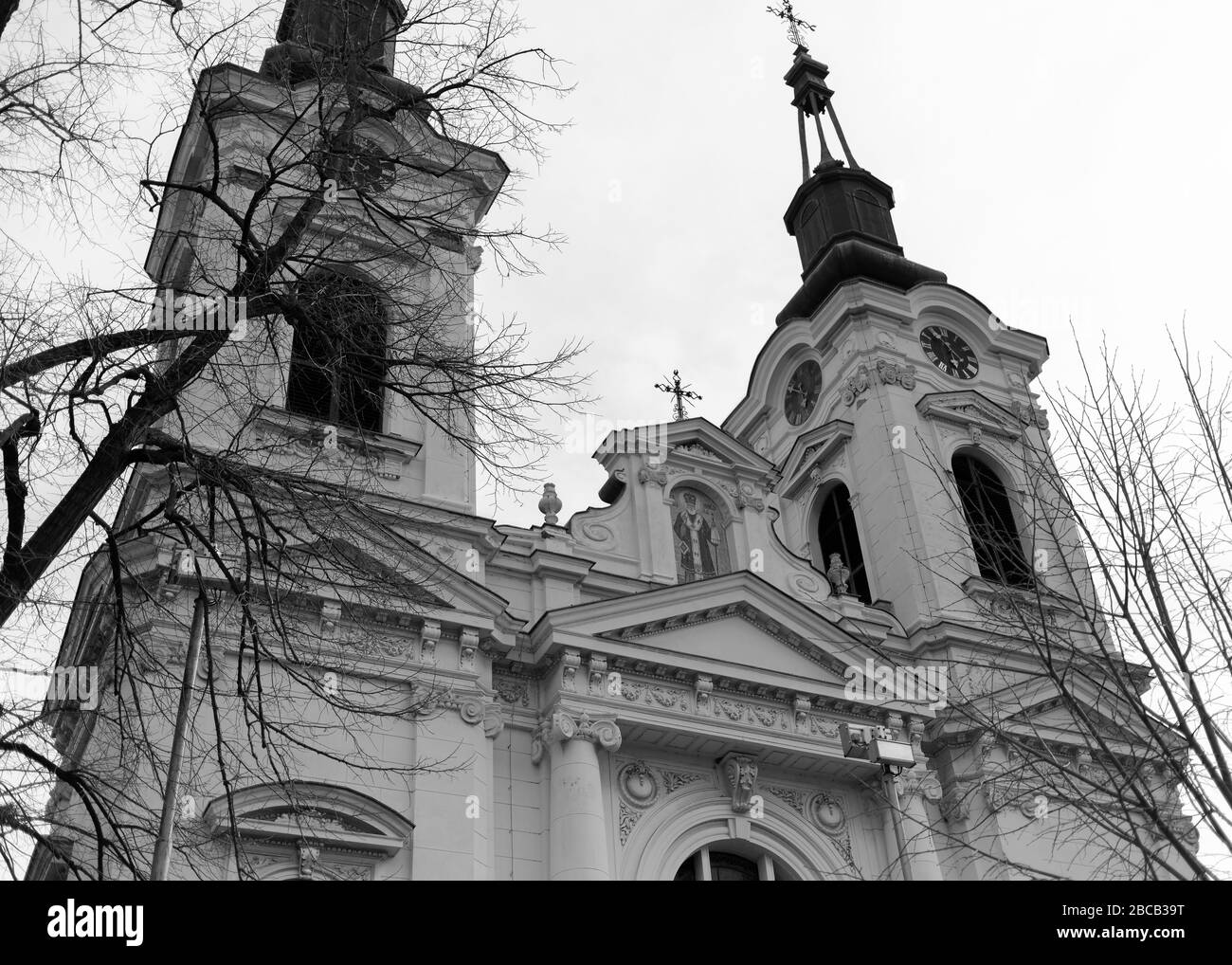 Serbia - Front view of the twin towered St. Nicholas Congregational Church in Sremski Karlovci (B/W) Stock Photo