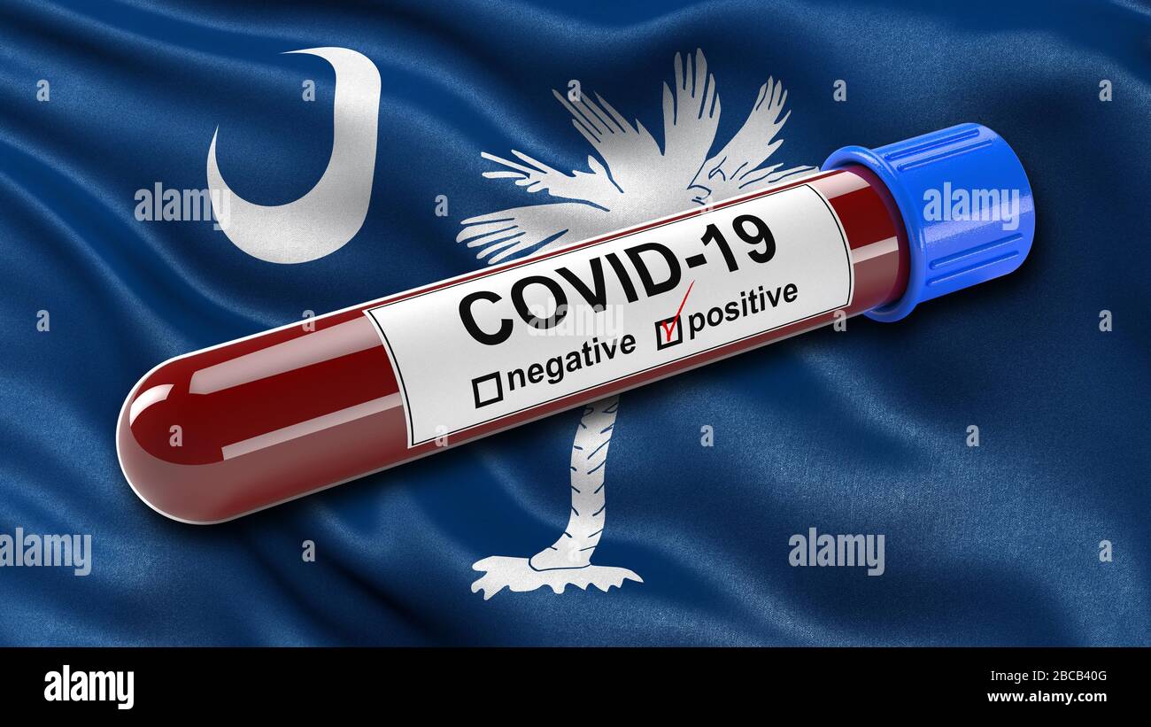 US state flag of South Carolina waving in the wind with a positive Covid-19 blood test tube. Stock Photo