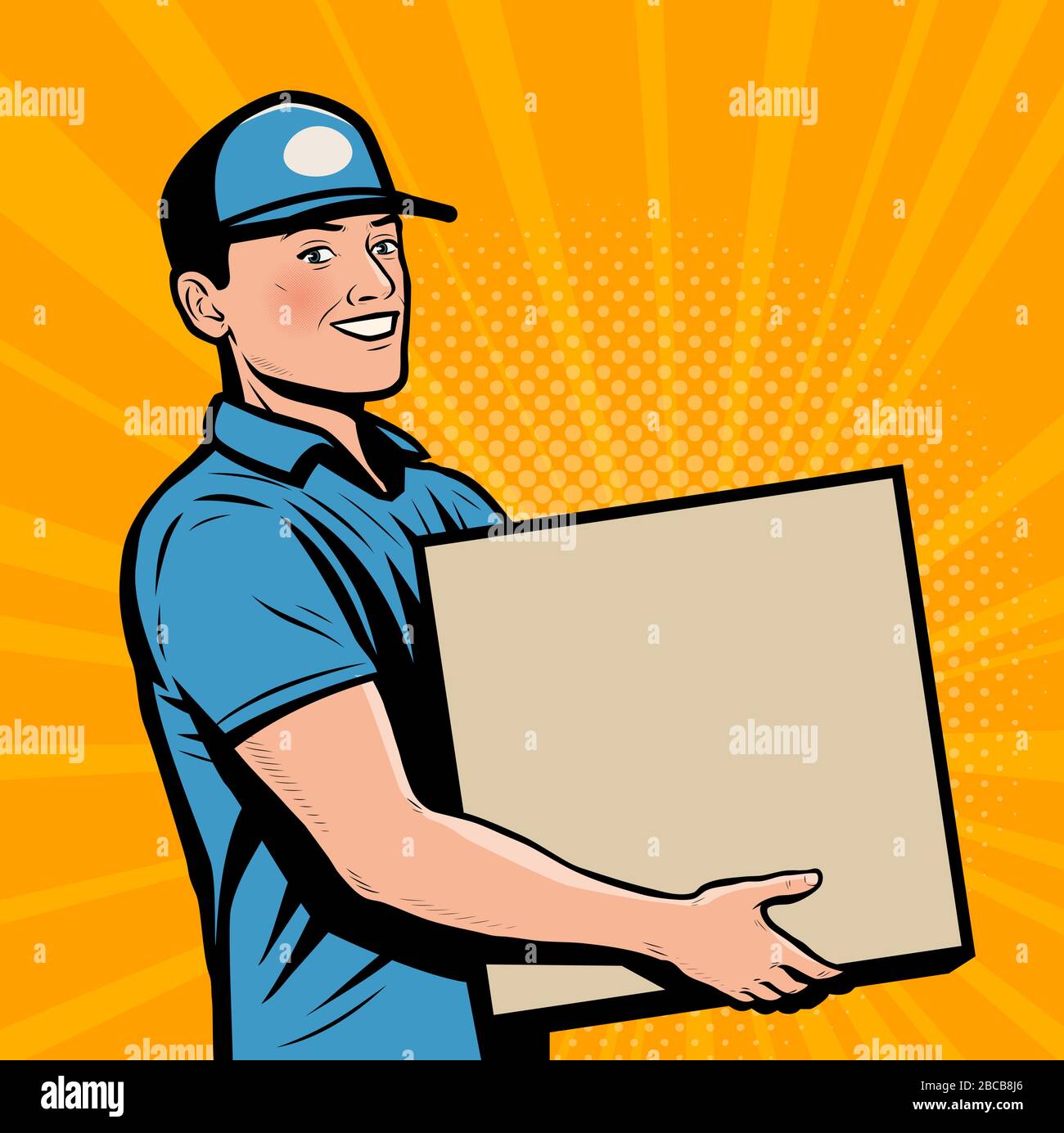 Delivery person worker delivered box. Retro comic pop art vector illustration Stock Vector