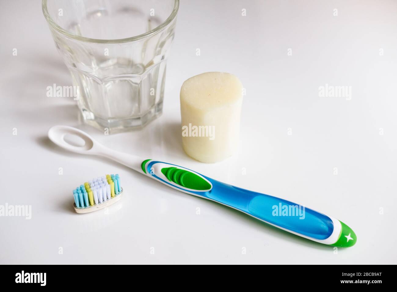 Ecofriendly removable head toothbrush and solid toothsoap Stock Photo