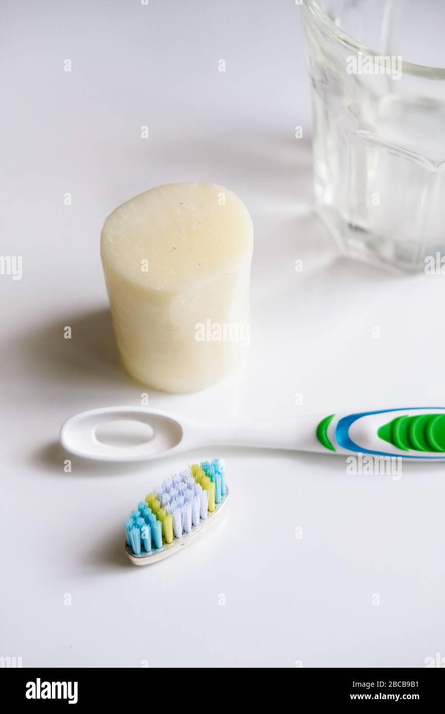 Ecofriendly removable head toothbrush and solid toothsoap Stock Photo