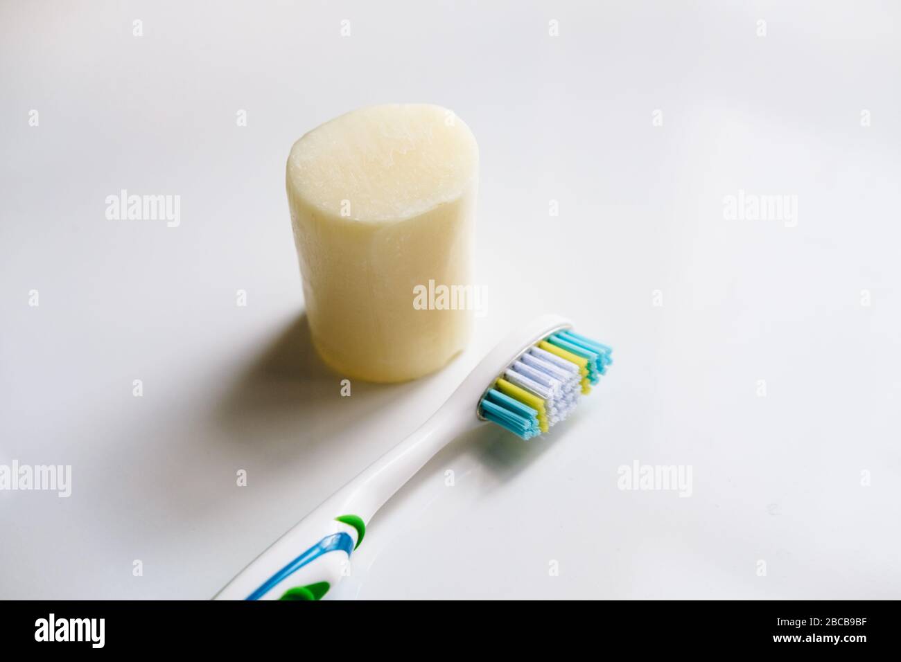 Ecofriendly removable head toothbrush and solid toothsoap Stock Photo