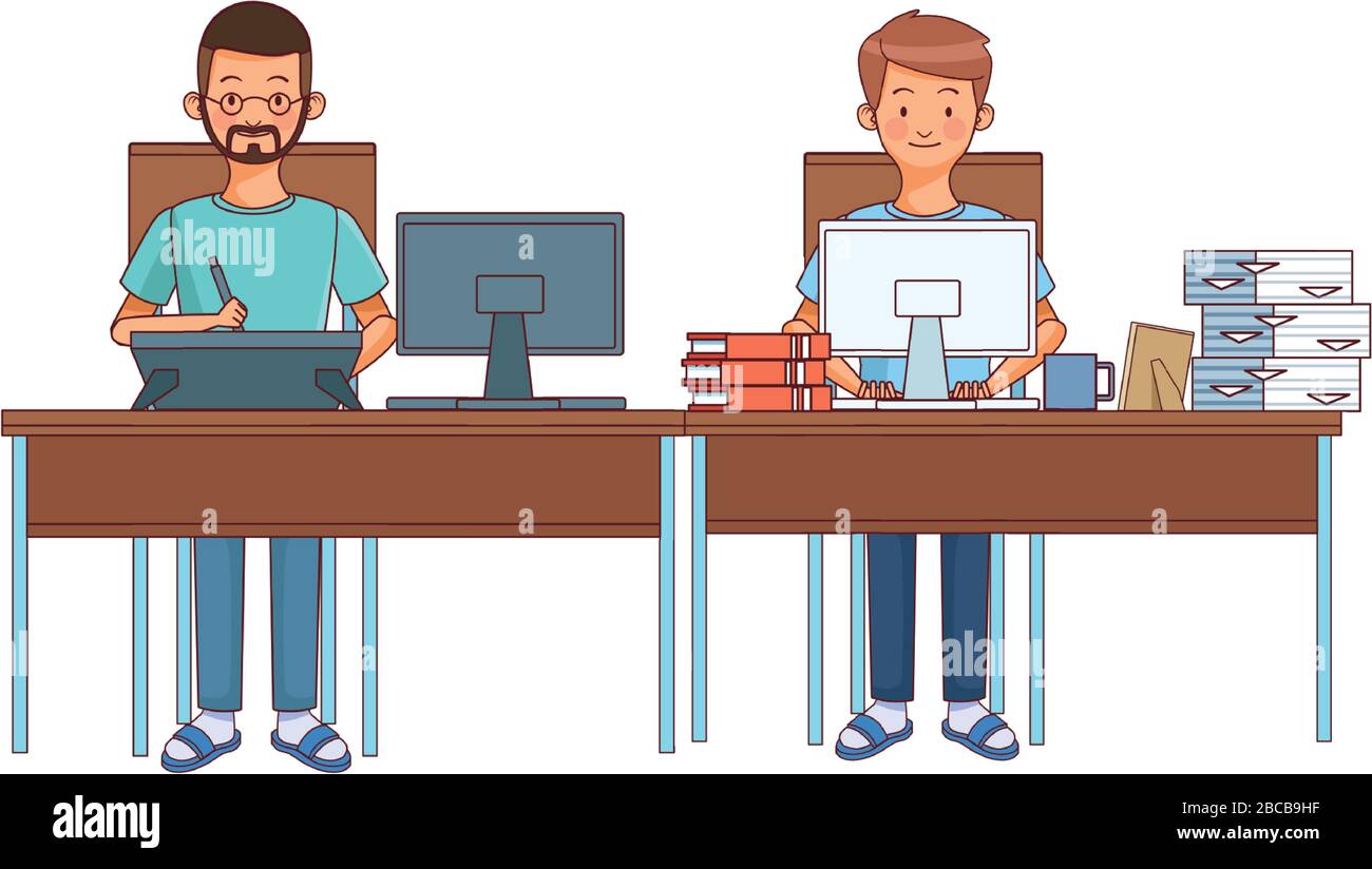 men working with desktop in desks characters Stock Vector