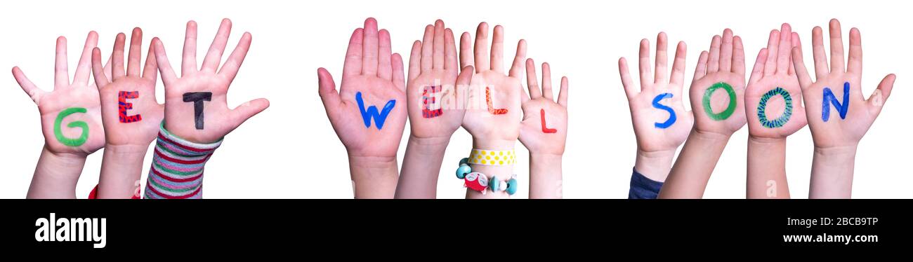 Children Hands Building Word Get Well Soon, Isolated Background Stock Photo