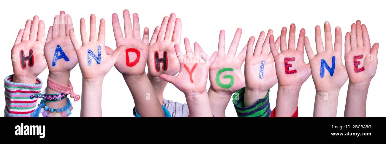 Kids Hands Holding Word Handhygiene Means Hand Hygiene, Isolated Background Stock Photo