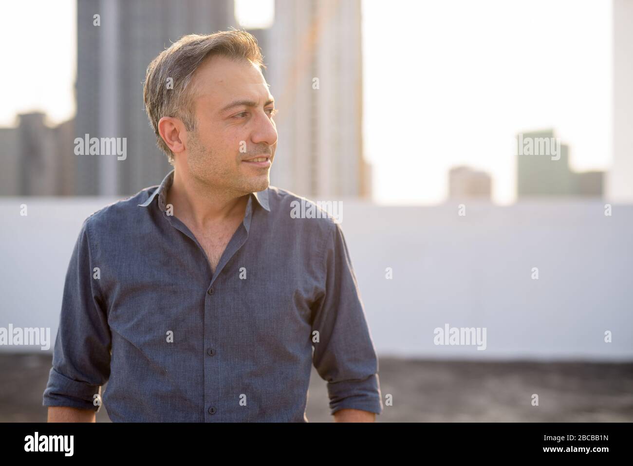 Happy mature handsome businessman thinking against view of the city ...
