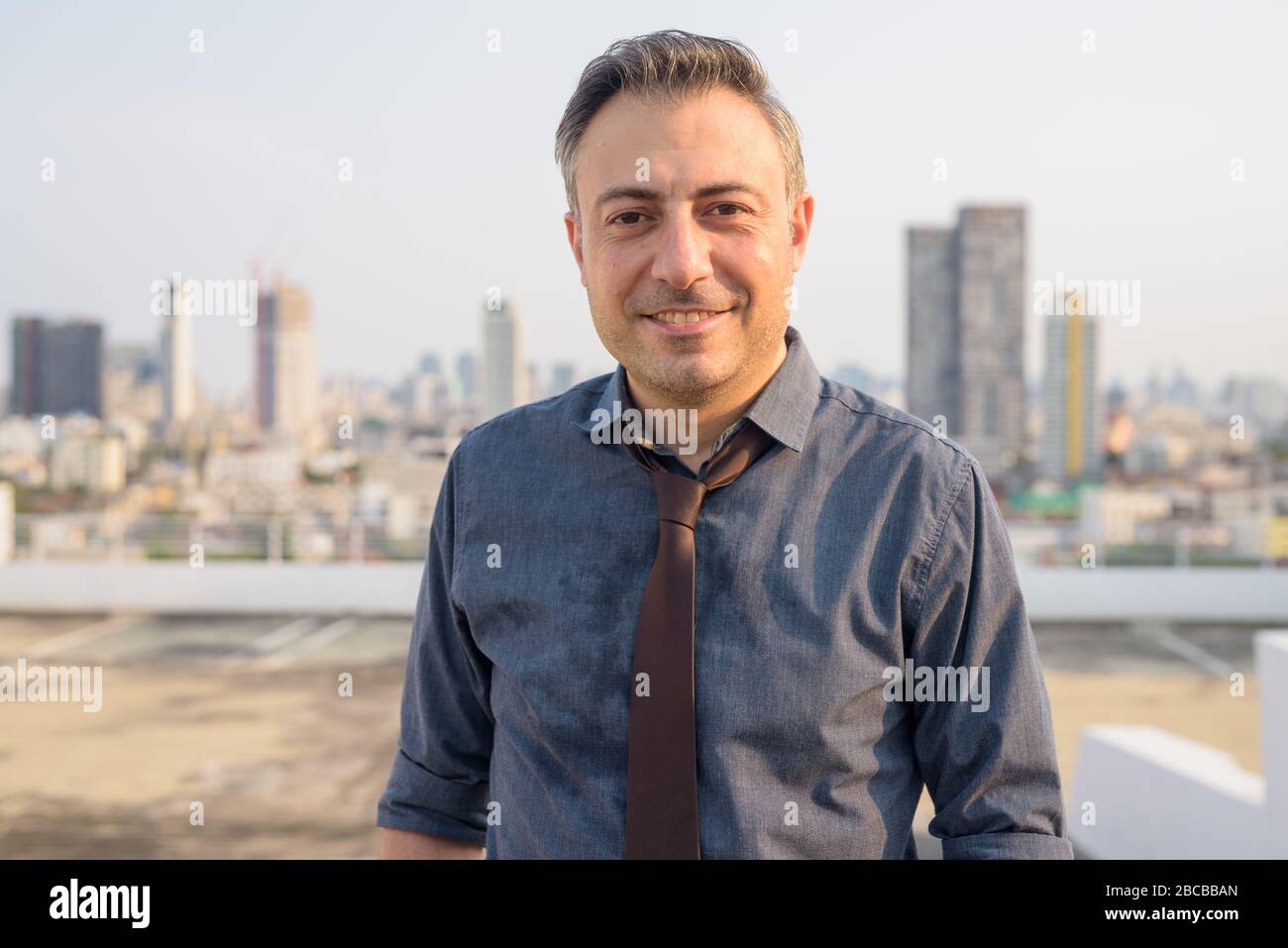 Happy mature handsome businessman smiling against view of the city ...