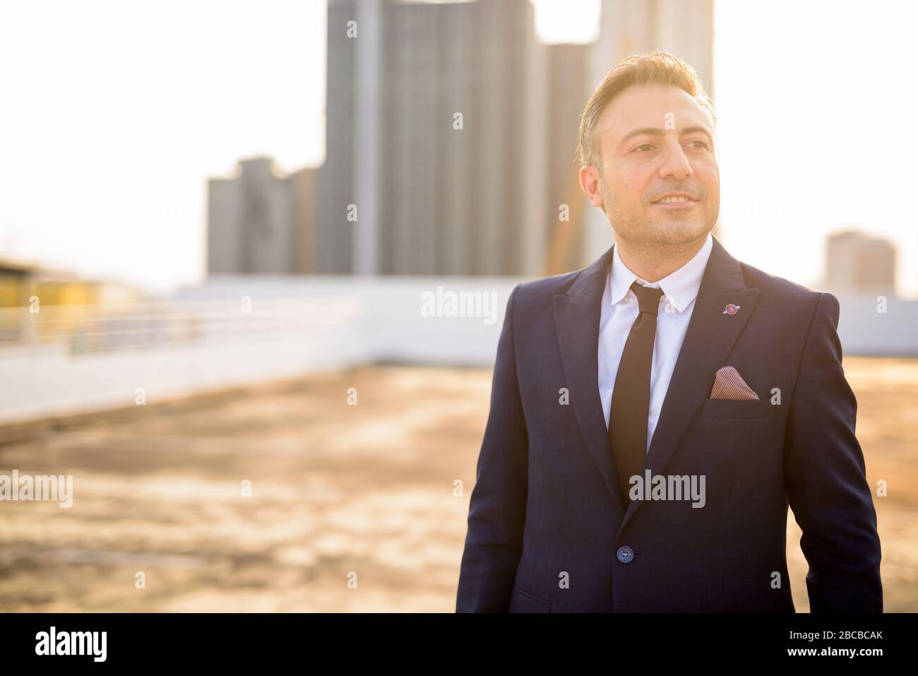 Happy mature handsome businessman in suit against view of the city ...