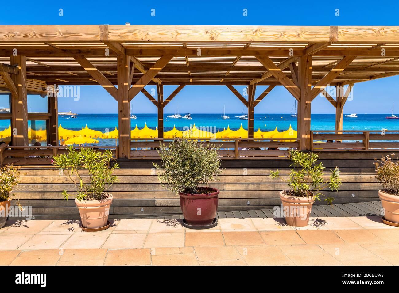 Beach restaurant with pergola and green plants for shady conditions on Corsica Boulevard, France. Stock Photo