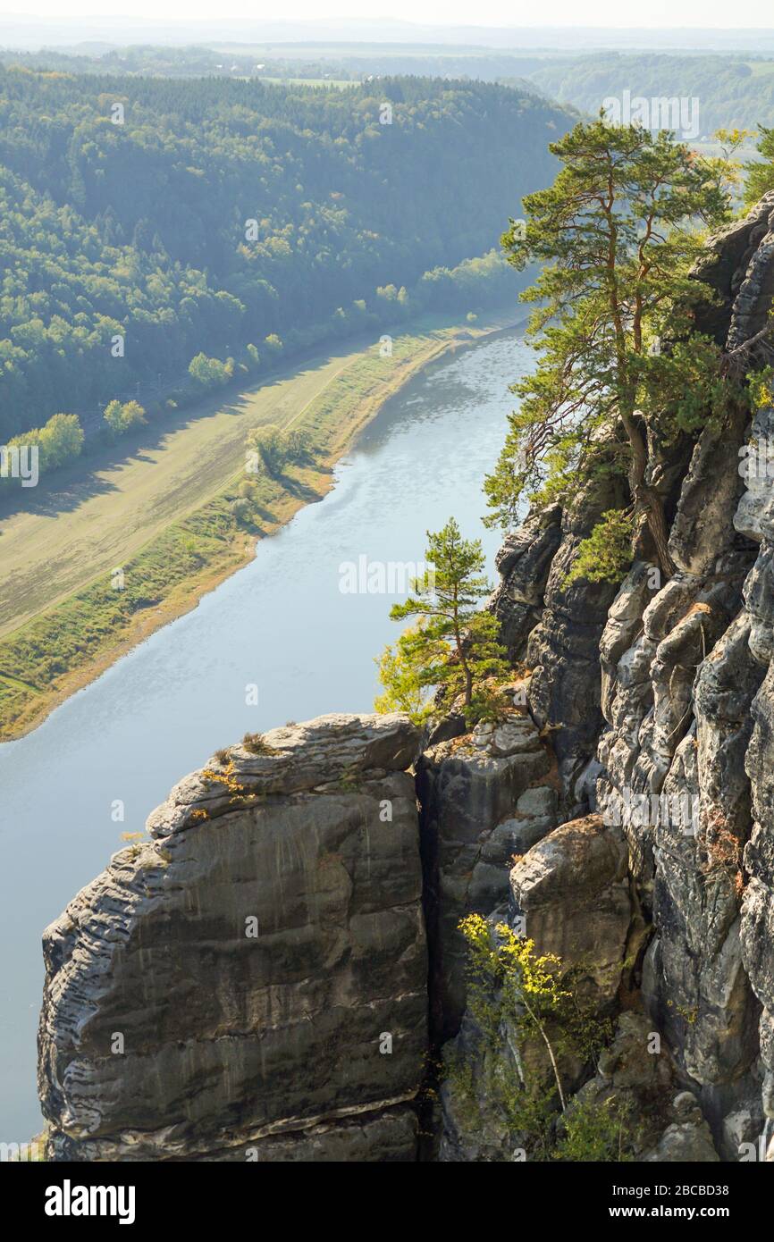Looking down at the Elbe river from the Bastei rock formation in Saxon Switzerland, Germany Stock Photo