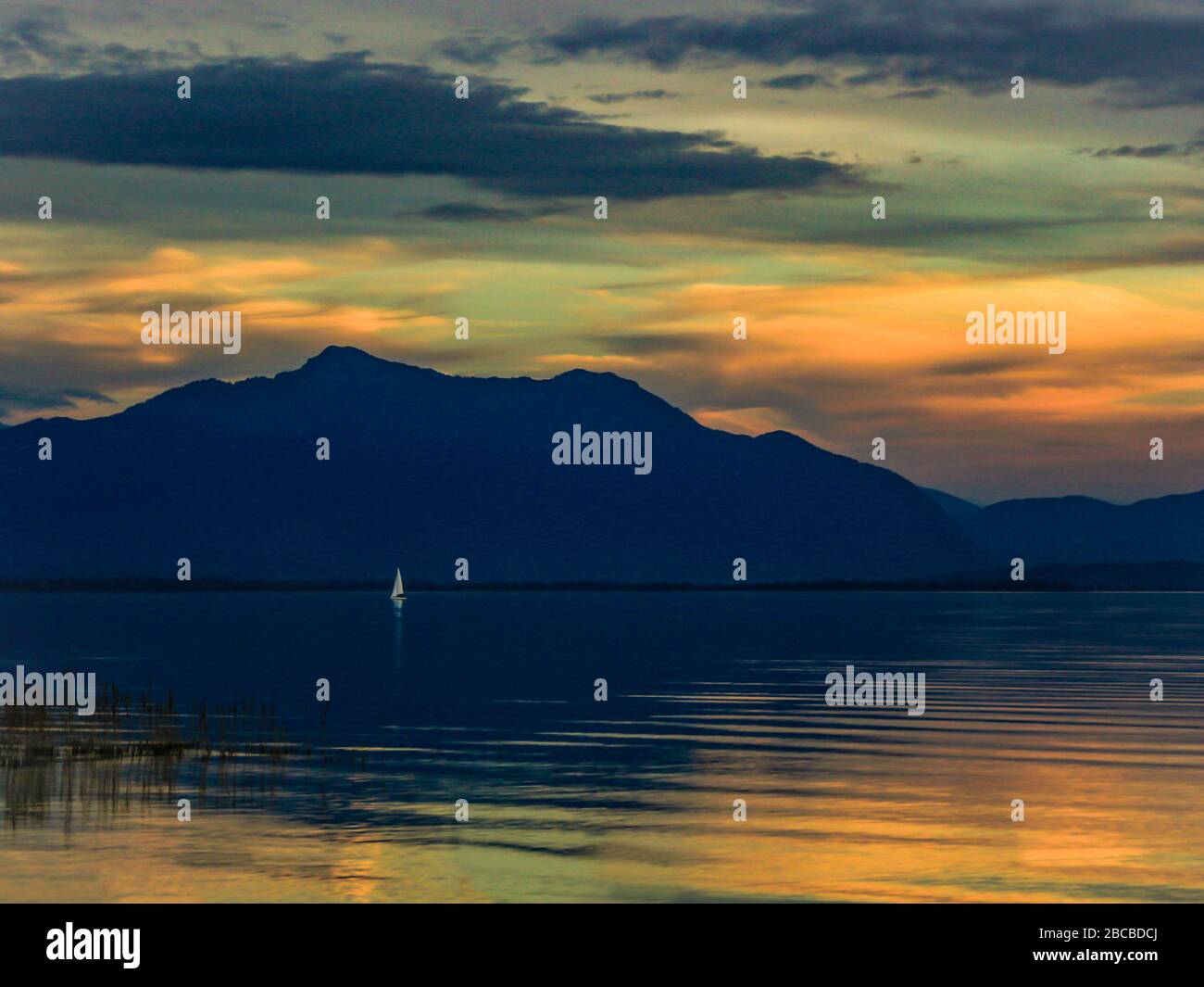 Blue hour and sundown at Lake Chiemsee, Germany Stock Photo