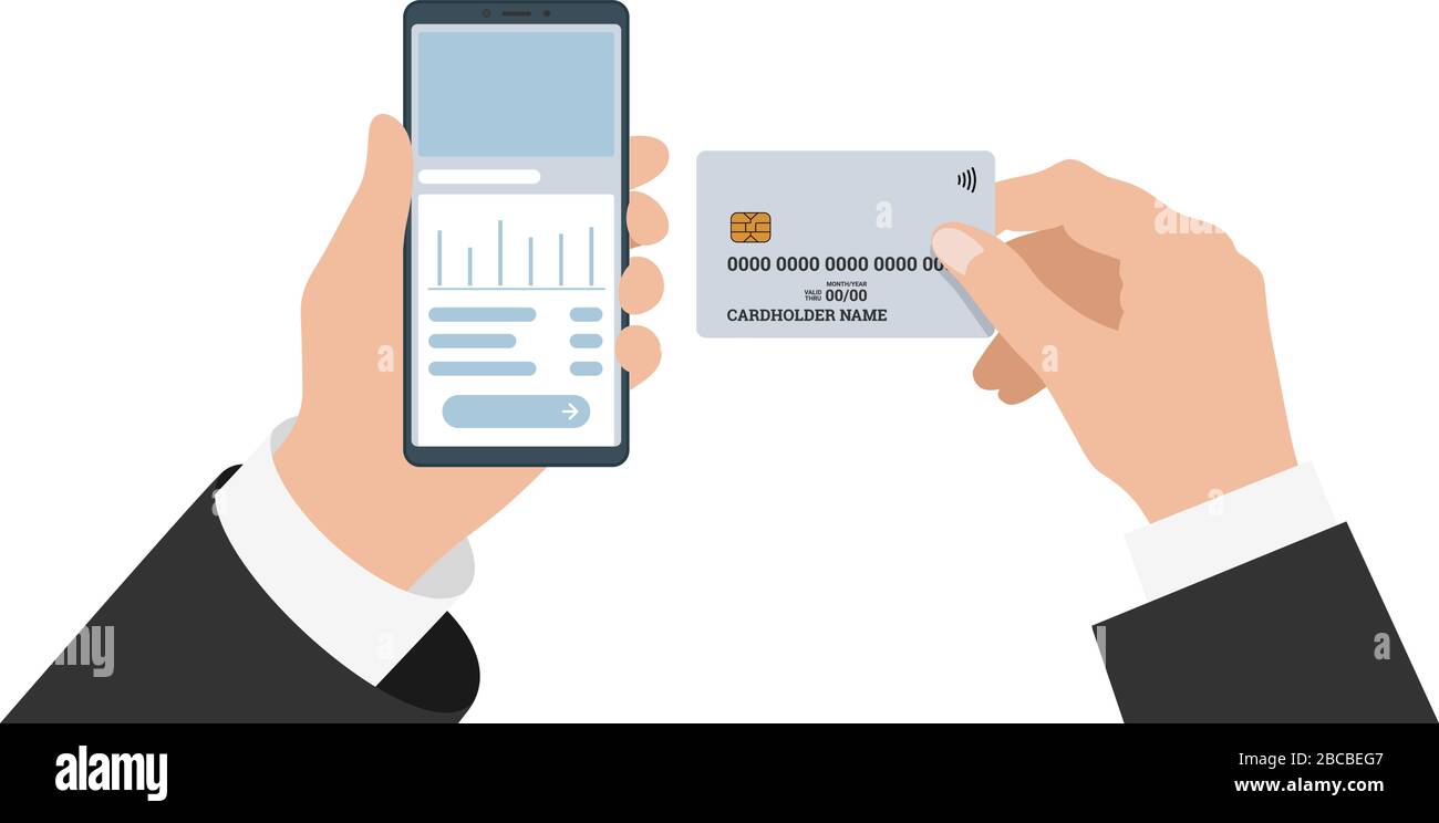 Businessman hand holding smartphone with online banking mobile app and credit card. Buy payment process and bank account balance flat vector illustration Stock Vector