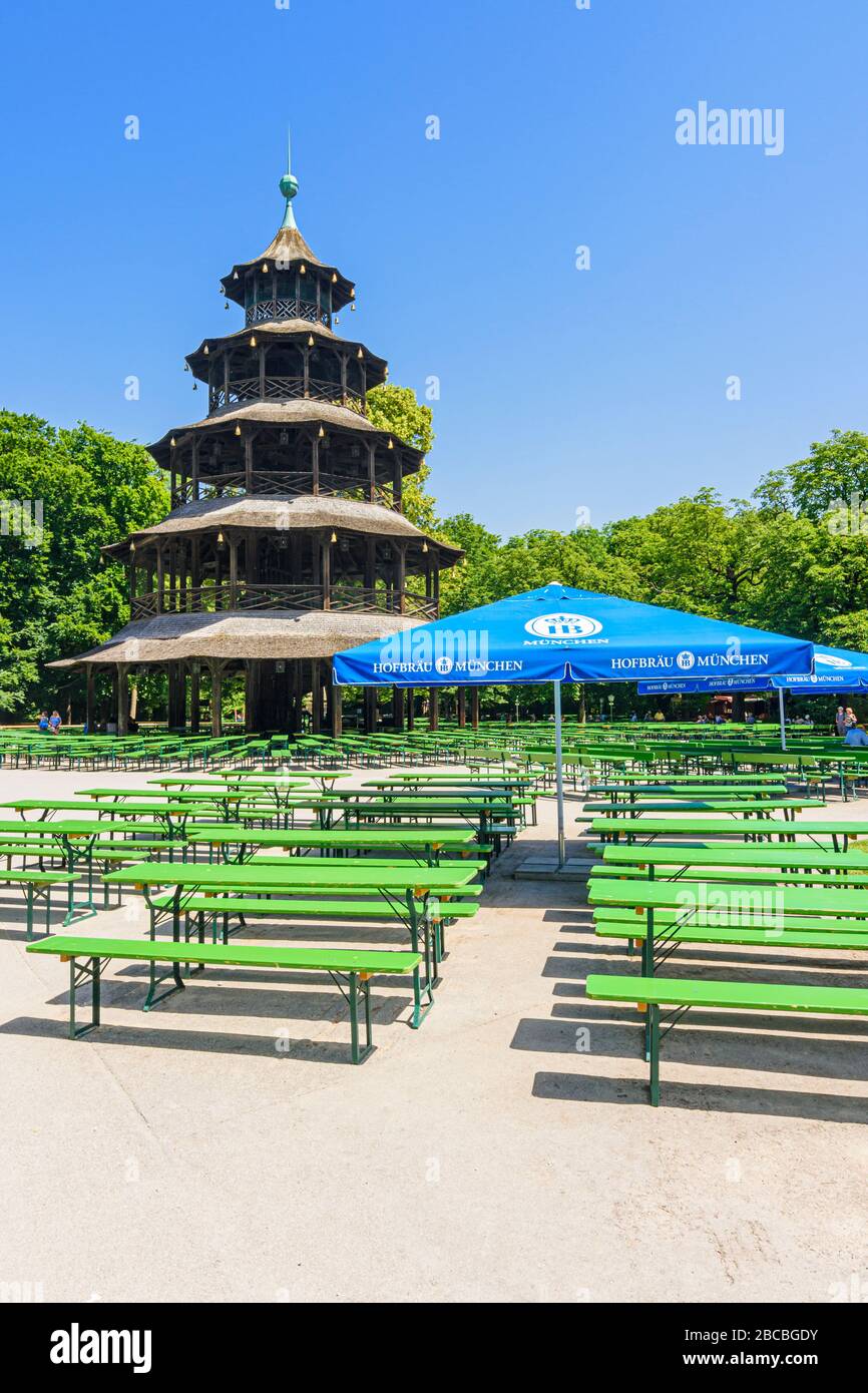 Restaurant and Beer Garden at the Chinese Tower, English Garden, Munich, Bavaria, Germany Stock Photo