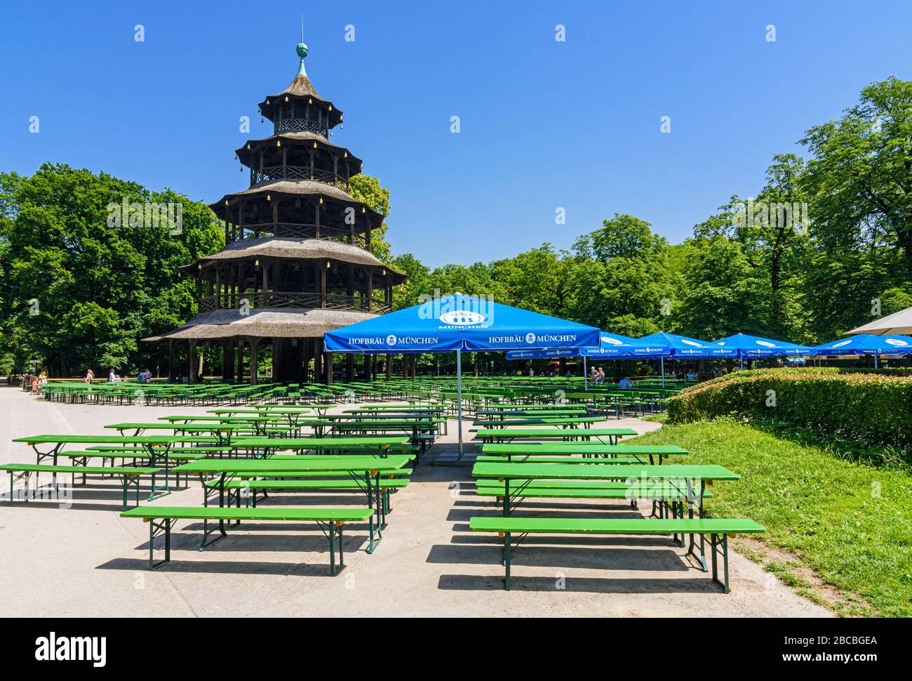 Restaurant and Beer Garden at the Chinese Tower, English Garden, Munich, Bavaria, Germany Stock Photo