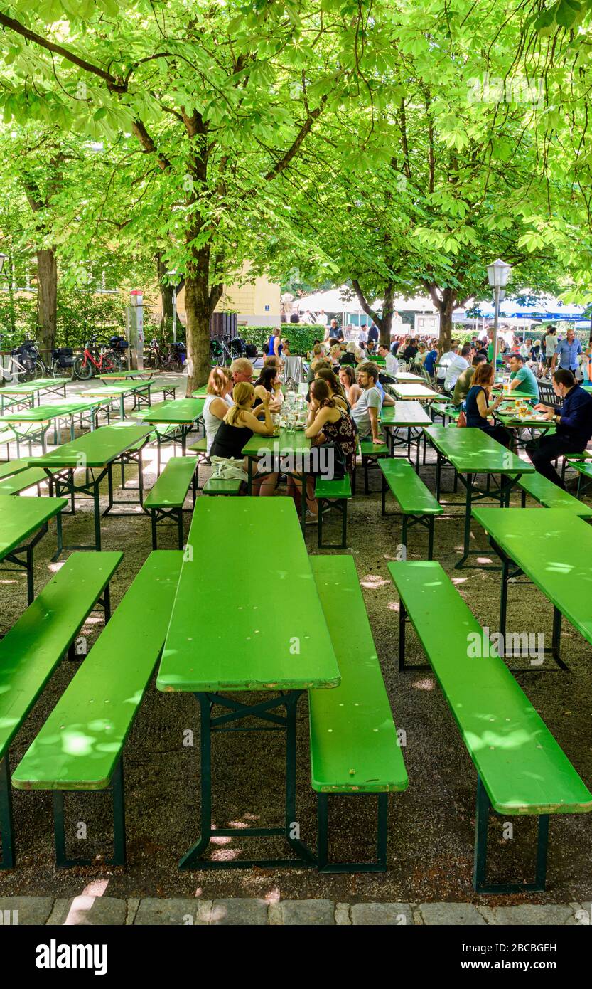 Restaurant and Beer Garden at the Chinese Tower, English Garden, Munich, Bavaria, Germany Stock Photo