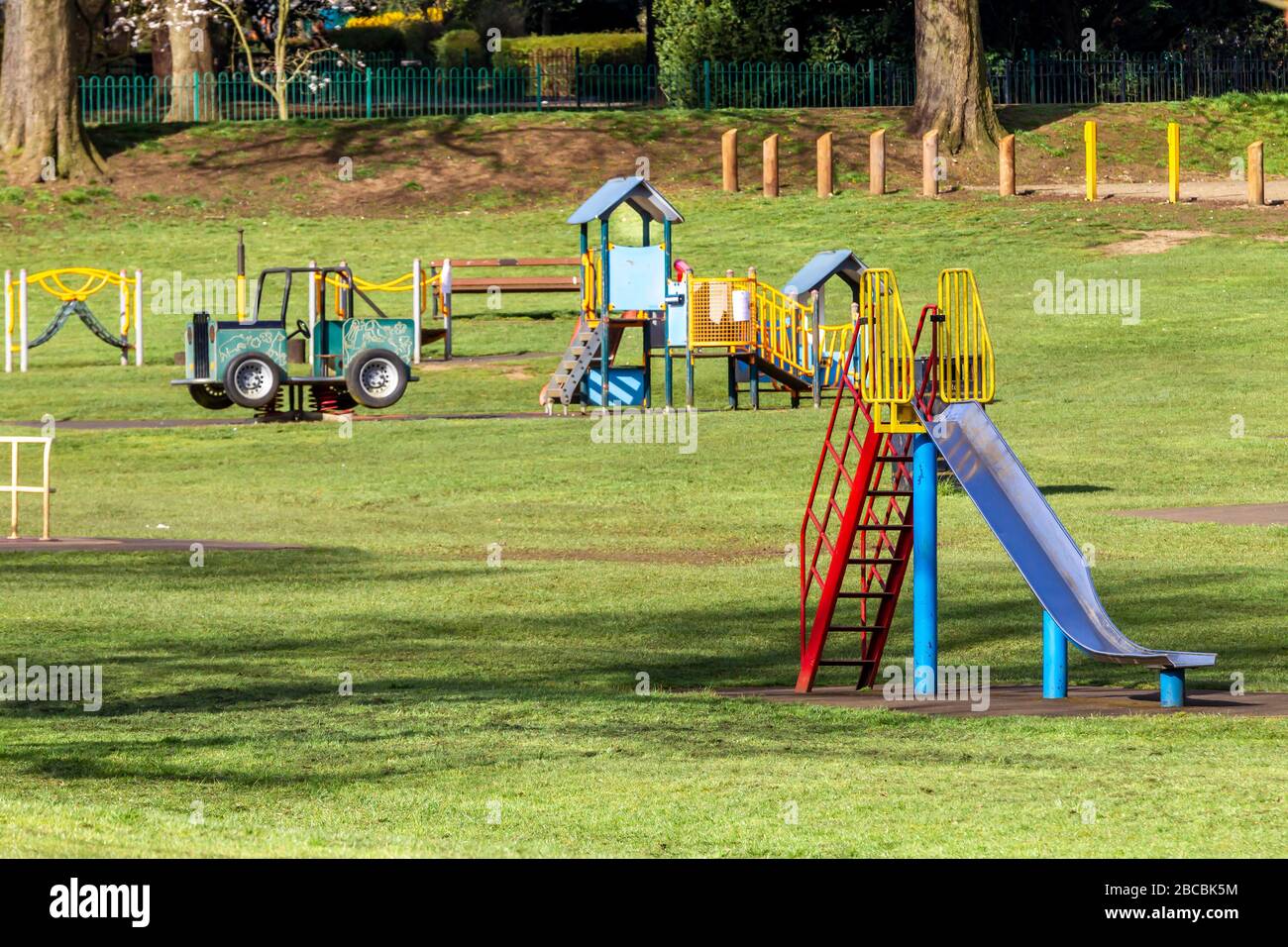 Northampton, UK. 4th April, 2020. Covid-19 lockdown, the children's play area in Abington Park is empty as it's closed due to the Coronavirus, normally it would be busy this time of the morning on a sunny day. Credit: Keith J Smith./Alamy Live News Stock Photo