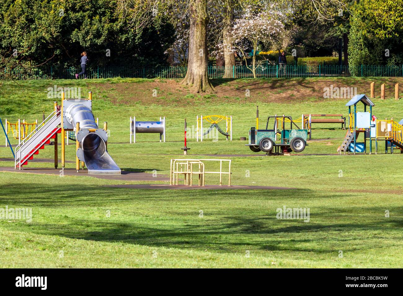 Northampton, UK. 4th April, 2020. Covid-19 lockdown, the children's play area in Abington Park is empty as it's closed due to the Coronavirus, normally it would be busy this time of the morning on a sunny day. Credit: Keith J Smith./Alamy Live News Stock Photo