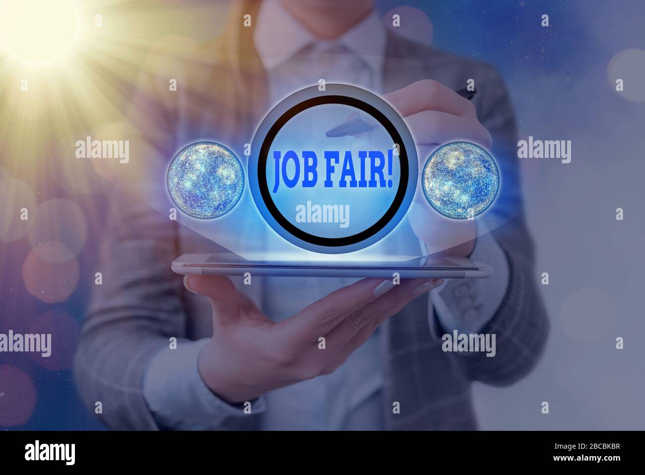 Text sign showing Job Fair. Business photo text event where employers offer information about their companies Elements of this image furnished by NASA Stock Photo