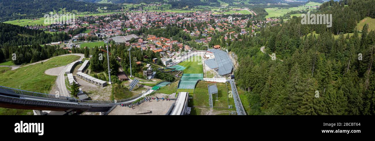 View from the Ski jumping stadium. Erdinger Arena. Oberstdorf, Bavaria, Germany. Resort, sport. Stock Photo