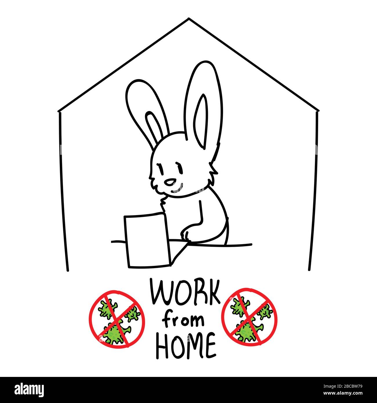 Corona virus kids cartoon work from home cute rabbit laptop monochrome lineart. Educational graphic . Friendly social icon for children, picture of Stock Vector