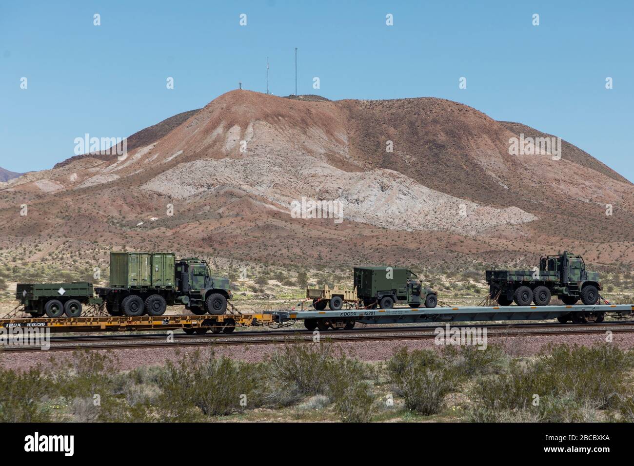General overall view of military equipment being transported to Marine