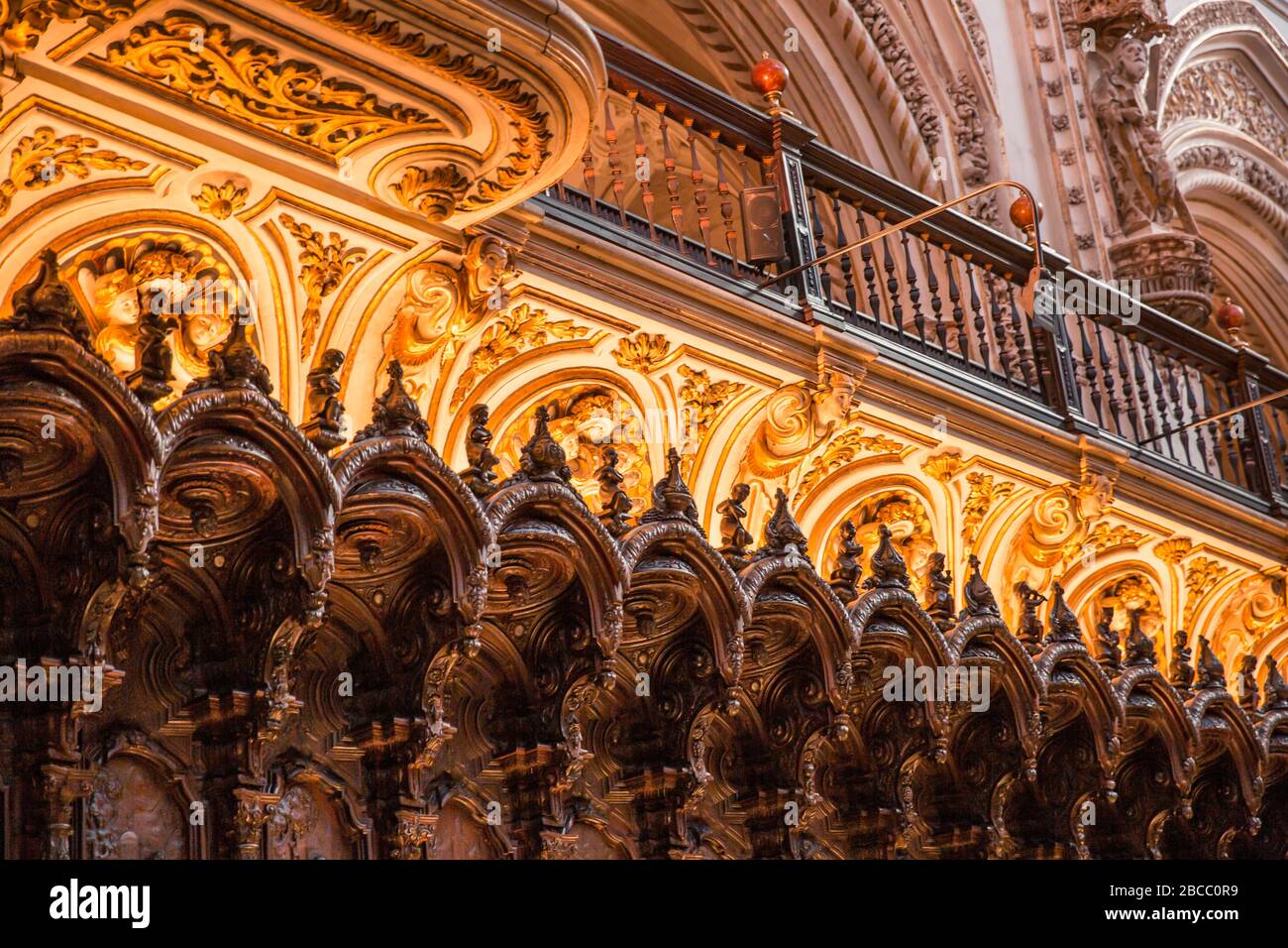 Interior Wooden Choir Stalls of the Mosque Cathedral (Mezquita Catedral) of Cordoba, Andalusia Stock Photo