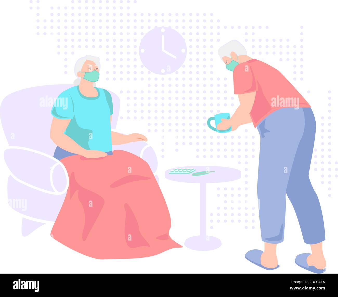 Elderly couple in surgical face masks are protected from flu virus isolated on white background. Old aged senior people at home with seasonal winter cold illness disease. Health taking care together. Stock Vector