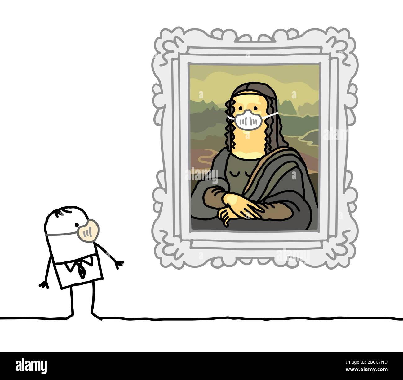 Cartoon man with a mask watching a famous Mona Lisa with a mask Stock Vector