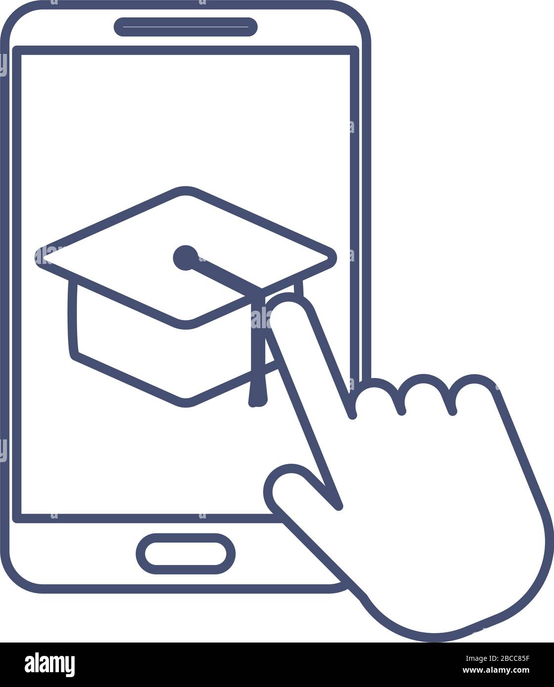 hand pointing on the touch screen of the smartphone, line style icon vector illustration design Stock Vector