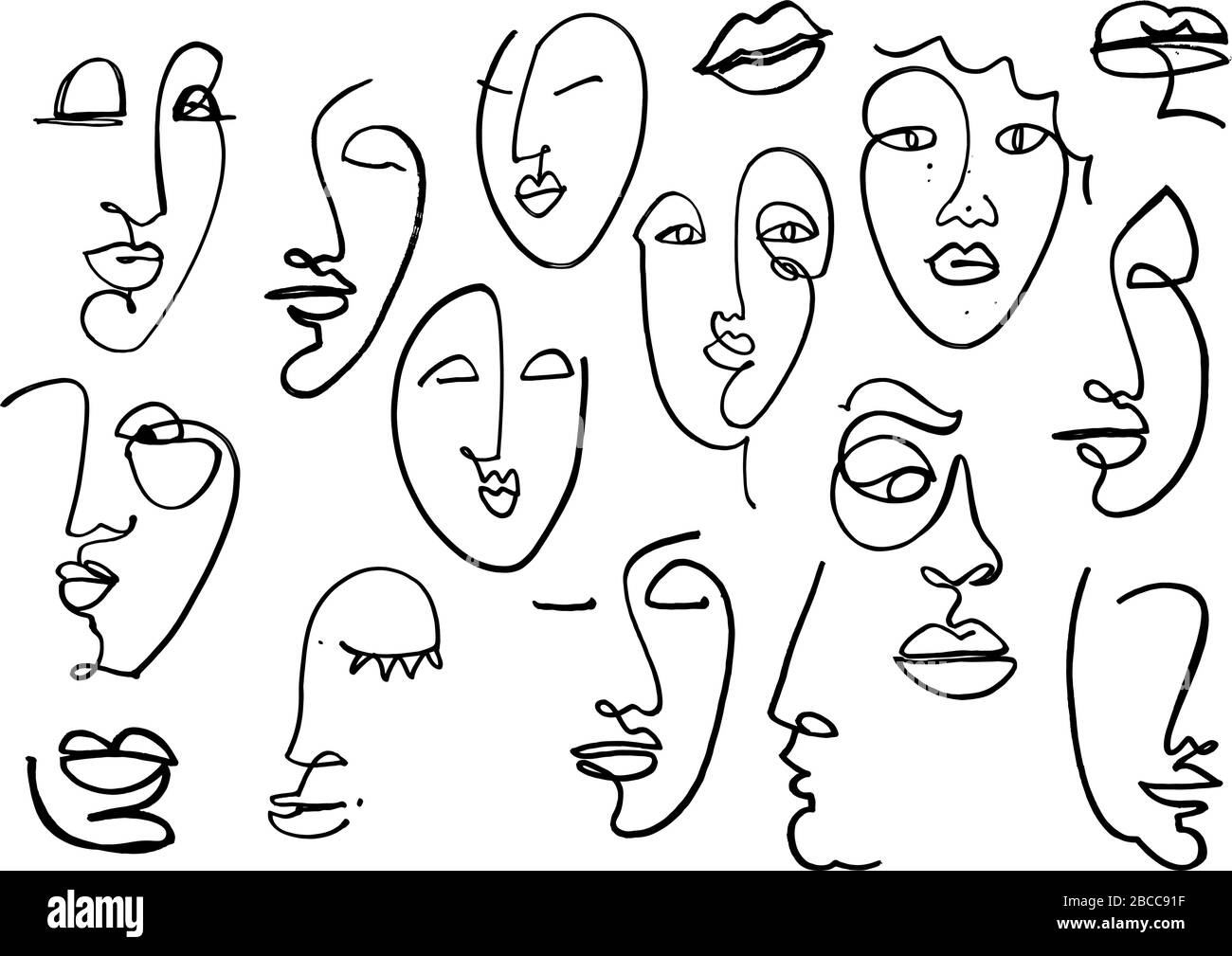 Line drawn black and white trendy face silhouette. Abstract