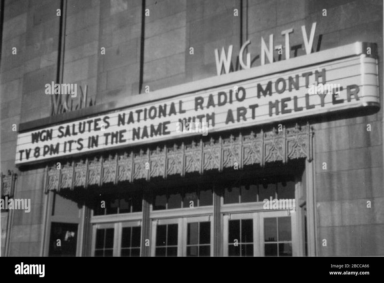 English: Art Hellyer host of It's In the Name TV game show on WGN-TV  Chicago in 1958. Co-hosts were Carmelita Pope and Professor Robinson of  Northwestern University; 1958; Sent to me personally