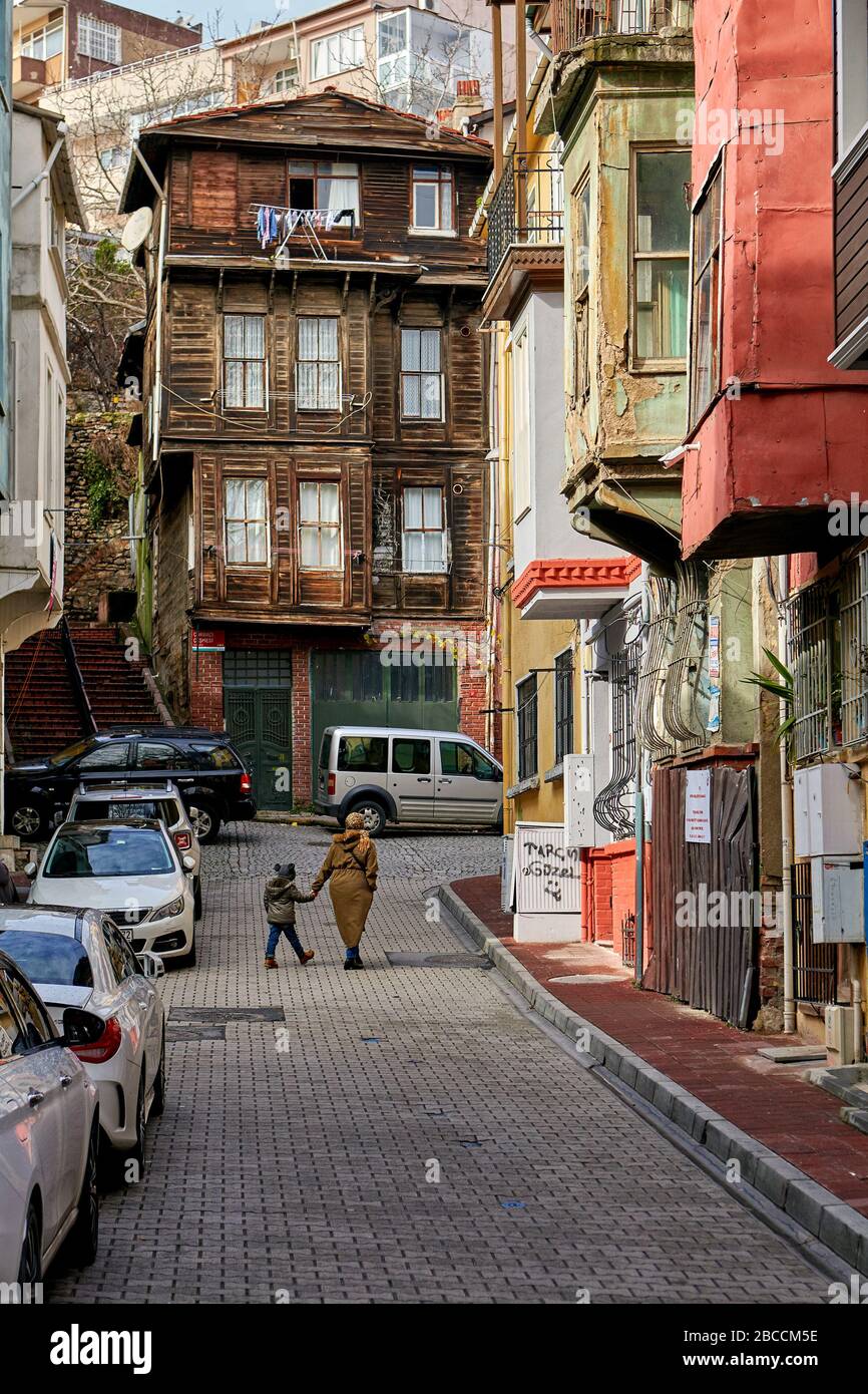 Istanbul, Turkey - February 12, 2020 Wooden house in Balat quarter, Fatih district, city center