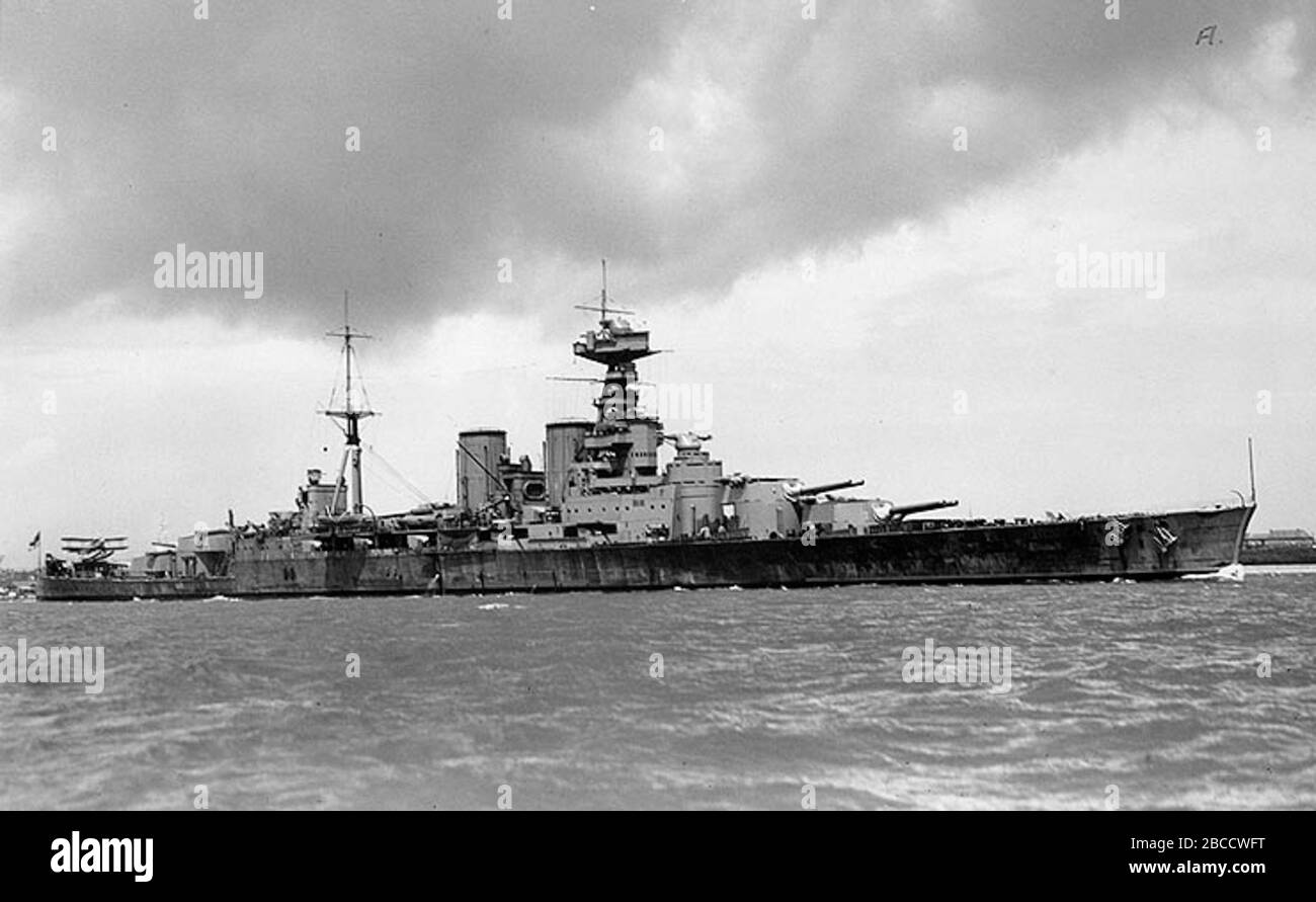 'British battlecruiser HMS Hood circa 1932 while fitted with an aircraft catapult aft  Caption read:  Photo # NH 60418  HMS Hood, photographed circa the early 1930s; 1931/32; http://history.navy.mil/photos/sh-fornv/uk/uksh-h/hood3.htm; This file is lacking author information.; ' Stock Photo