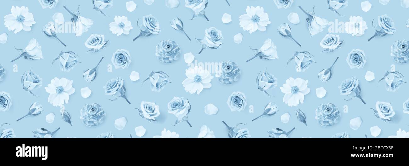 Floral pattern made of blue flowers and rosebuds. Flat lay, top view. Summer or spring background. Flower background. Banner of flowers. Flowers Stock Photo
