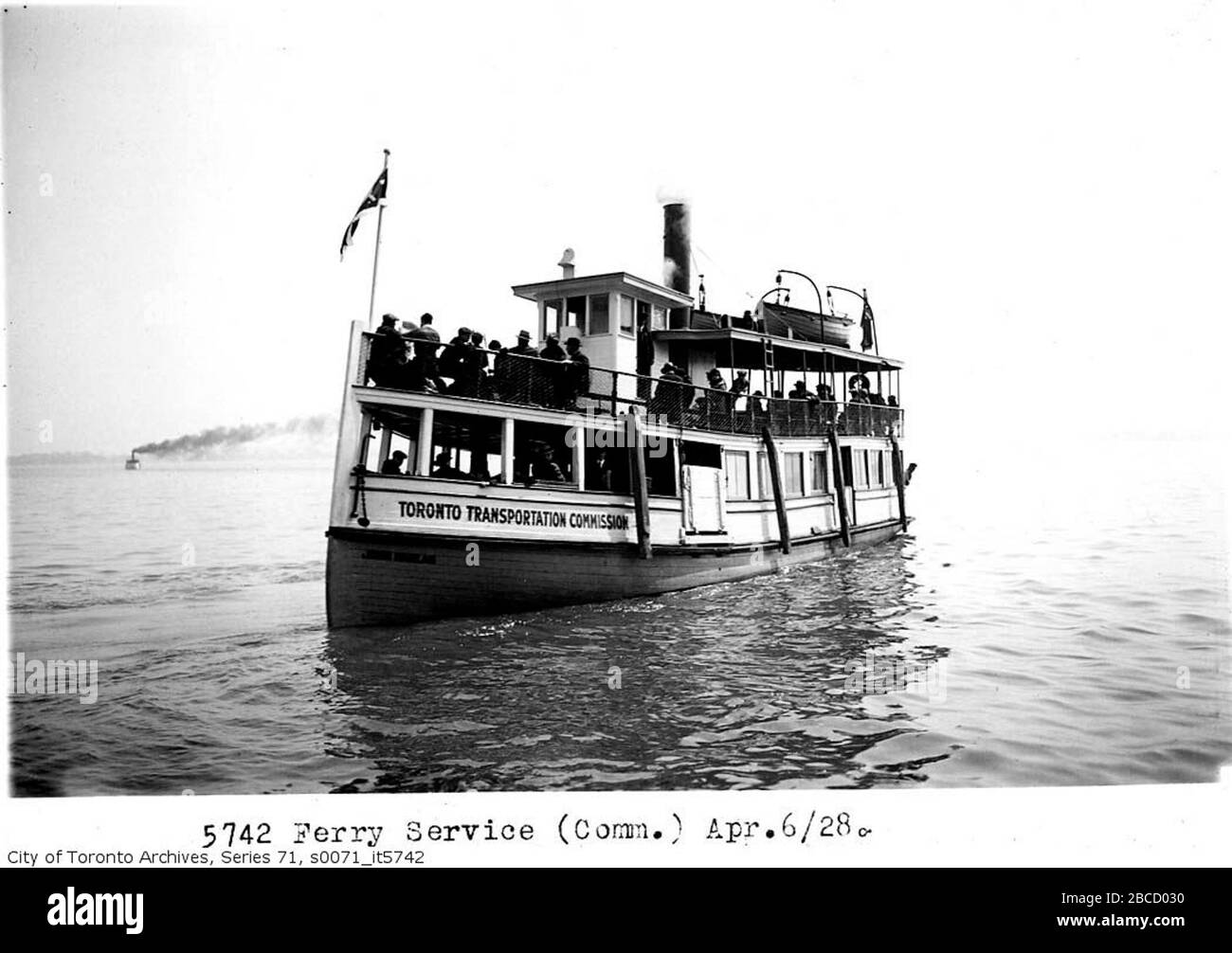 'TTC ferry John Hanlan in 1928  Original caption:  One of the Toronto Transportation Commission's ferries, the John Hanlan, is seen ferrying passengers on April 6, 1928. The image is courtesy the Toronto Archives and is s0071 it5742.     This image is available from the City of Toronto Archives, listed under the archival citation s0071 it5742. This tag does not indicate the copyright status of the attached work. A normal copyright tag is still required. See Commons:Licensing for more information. Deutsch | English | suomi | français | magyar | македонски | Nederlands | português | +/−; 6 April Stock Photo