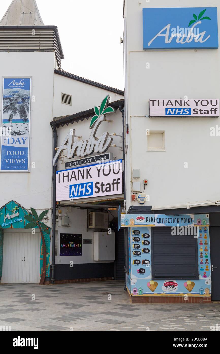 Bournemouth, Dorset UK. 4th April 2020.  Coronavirus impact at Bournemouth - signs at Pier Approach, Bournemouth seafront, thank you NHS staff.   Credit: Carolyn Jenkins/Alamy Live News Stock Photo