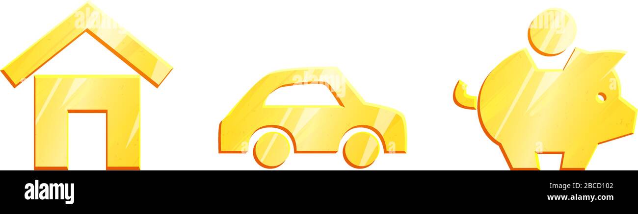 house, car and money gold icon set of main desires. Basic needs symbol. Saving and budget planning. Personal Finance concept. Home, piggybank, automobile spenging. Stock Vector