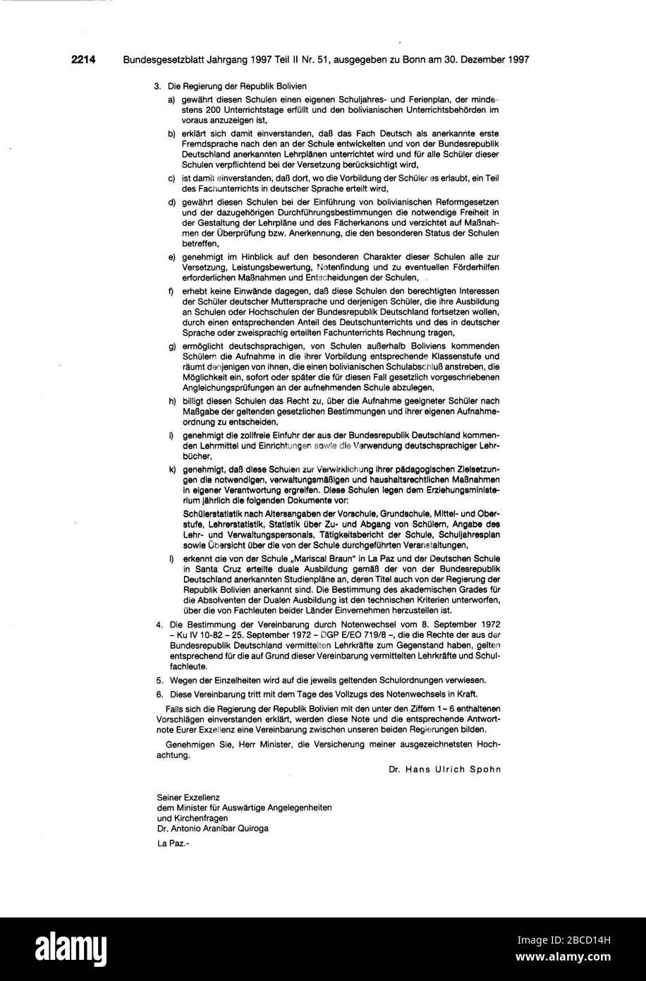 'Deutsch: Bekanntmachung der deutsch-bolivianischen Vereinbarung über die Förderung deutsch-bolivianischer SchulenSeite 1, Seite 2; 1997; Bundesgesetzblatt Online, Bürgerzugang; official juridical document; ' Stock Photo