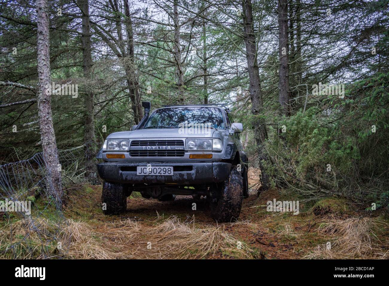 Old Toyota Landcruiser offroad driving through forest, seen from the