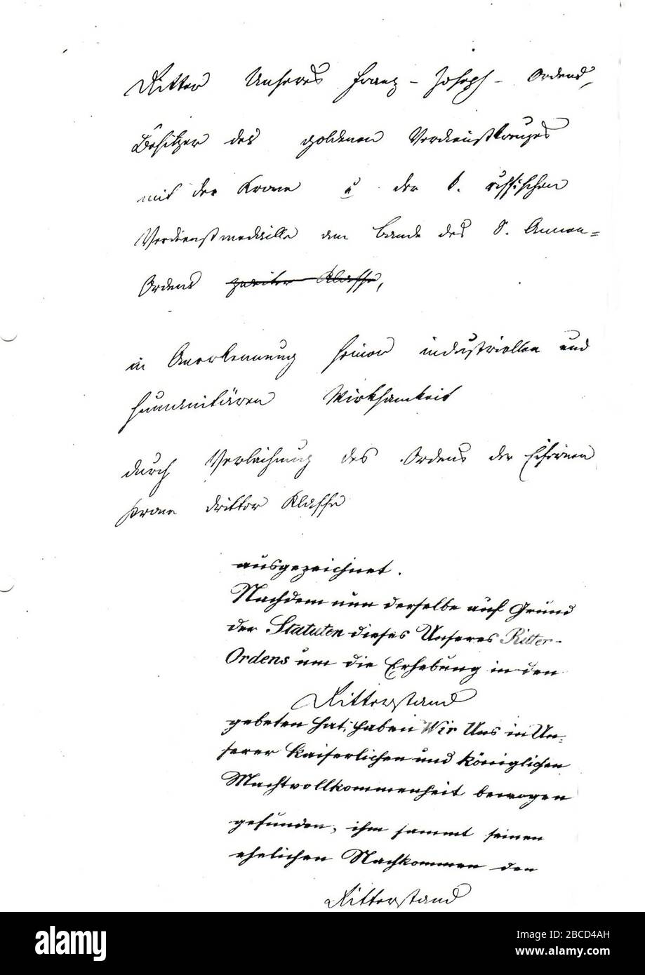 "Deutsch: Seite 2 der Kanzleiabschrift des Ritterstandsdiploms von Franz Joseph I. (Kaiser von Österreich 1848-1916) für den Glasfabrikanten Wilhelm Kralik (als Ritter des Ordens der Eisernen Krone III. Klasse) mit Verleihung des Prädikates von Meyrswalden. Original des Ritterstandsdiploms ausgestellt in Wien am 11. April 1877, Kanzleiabschrift in den Beständen des k.u.k. Ministeriums des Innern - Ministerial-Adels-Verzeichnis.; 1877; Scan from the original work; k.u.k. Ministerium des Innern im Auftrag Kaiser Franz Josephs I.; " Stock Photo