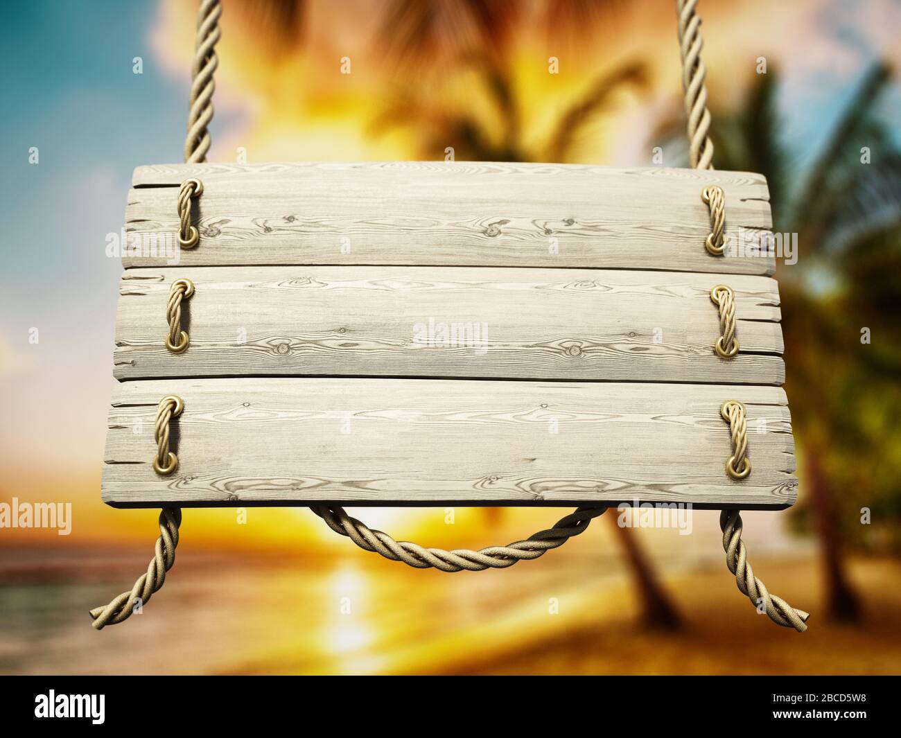 Old wooden plank tied with rope on holiday resort background. 3D