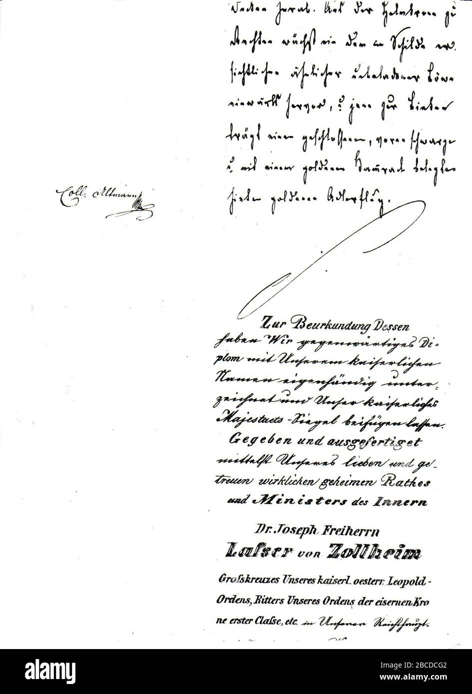 "Deutsch: Seite 4 der Kanzleiabschrift des Ritterstandsdiploms von Franz Joseph I. (Kaiser von Österreich 1848-1916) für den Glasfabrikanten Wilhelm Kralik (als Ritter des Ordens der Eisernen Krone III. Klasse) mit Verleihung des Prädikates von Meyrswalden. Original des Ritterstandsdiploms ausgestellt in Wien am 11. April 1877, Kanzleiabschrift in den Beständen des k.u.k. Ministeriums des Innern - Ministerial-Adels-Verzeichnis.; 1877; Scan from the original work; k.u.k. Ministerium des Innern im Auftrag Kaiser Franz Josephs I.; " Stock Photo