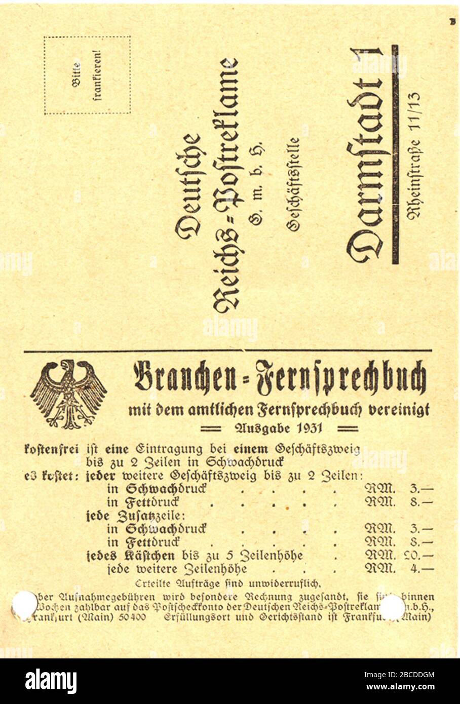 'Deutsch: Postkarte für Eintrag in das Branchen-Fernsprechbuch Ausgabe 1931; 1 January 1931; Self-scanned; Deutsche Reichs-Postreklame; ' Stock Photo
