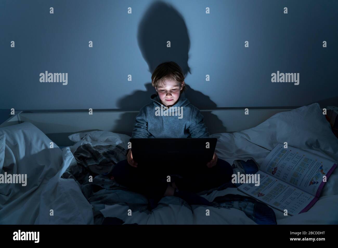 Boy, at home on the computer, laptop, in the kids' room, playing a game, Stock Photo