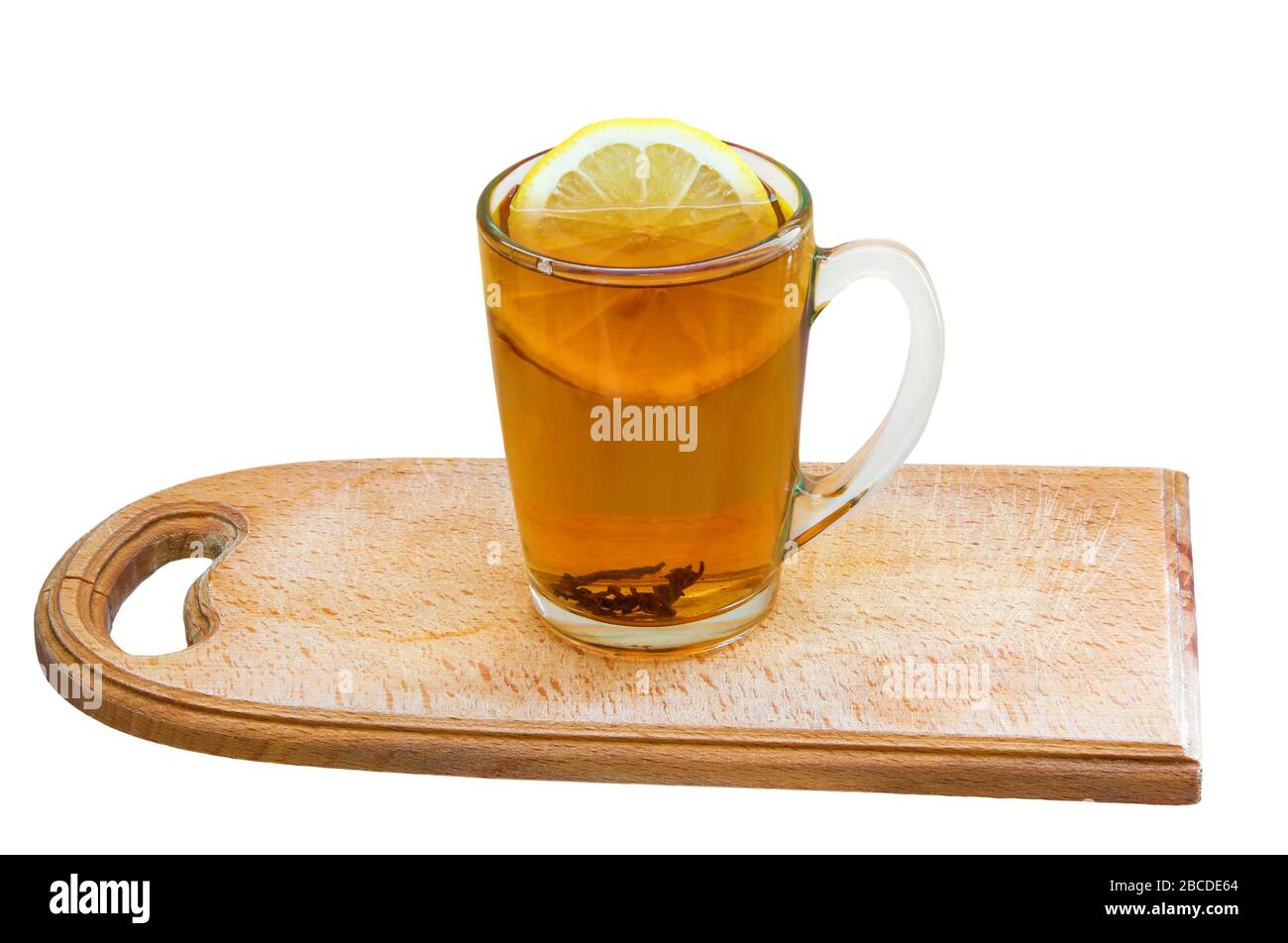 image of a glass cup of tea with lemon on a white background Stock Photo