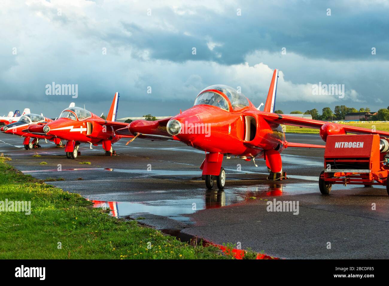 A lineup of ex Royal Air Force Folland Gnat trainer aircraft at North Weald airfield Stock Photo