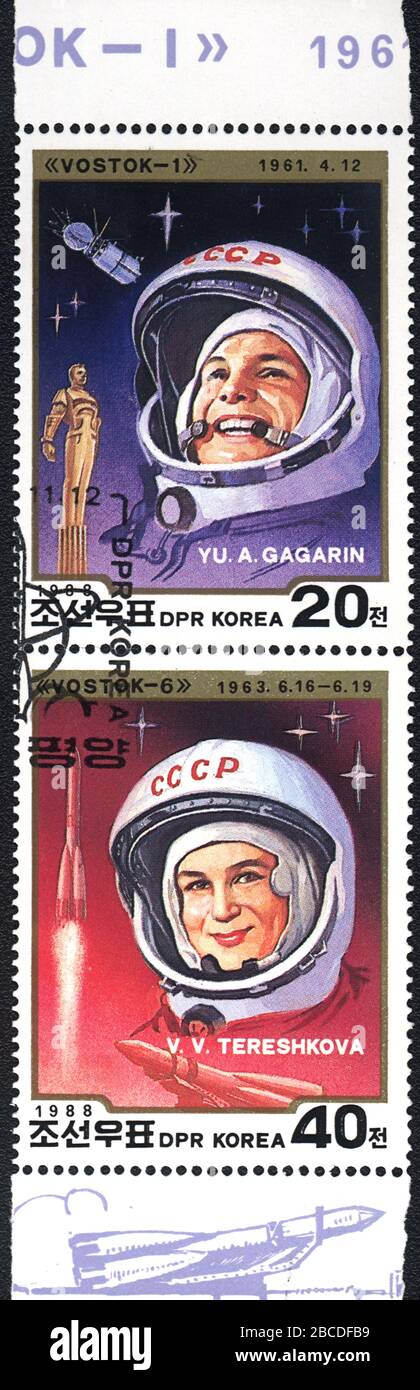 Fiest cosmonauts are Gagarin and Tereshkova,  DPR Korea, 1988 Stock Photo